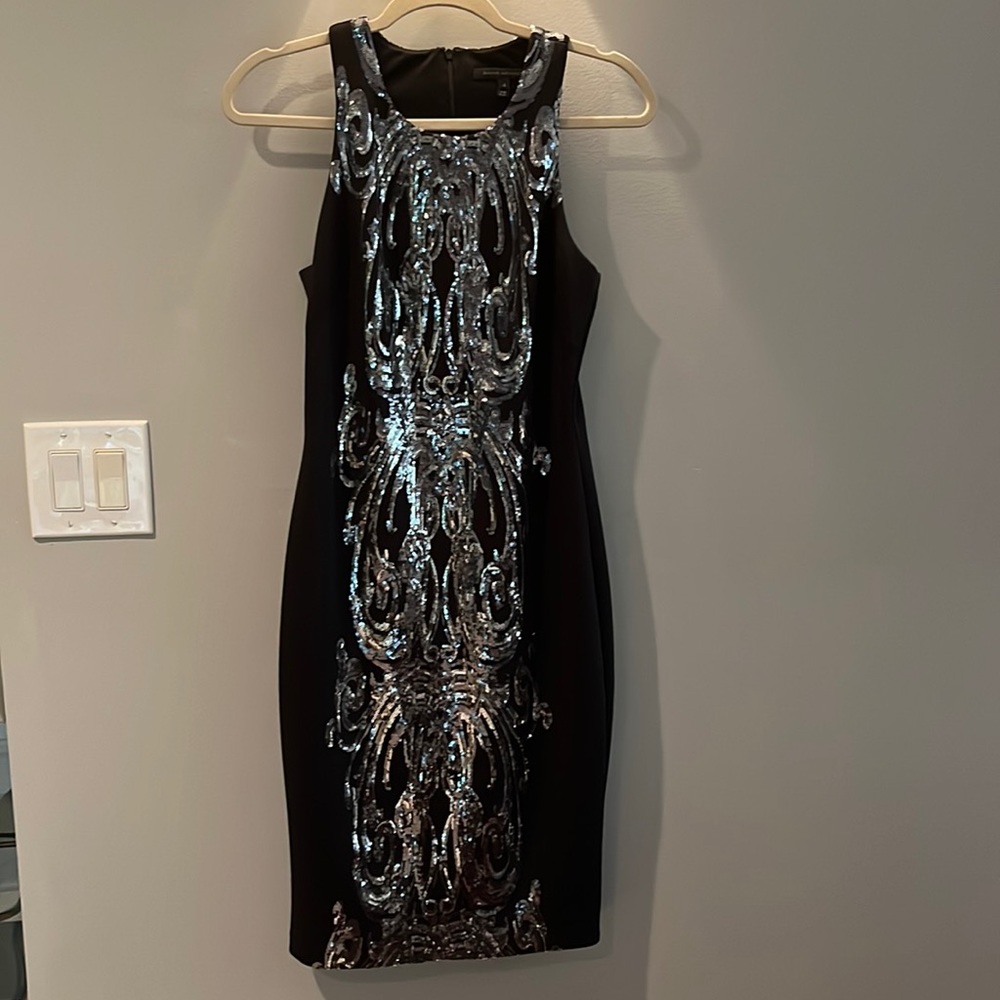 David Meister silver sequined little black dress size 4